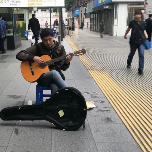 地铁站附近有个街头艺人在弹吉他。