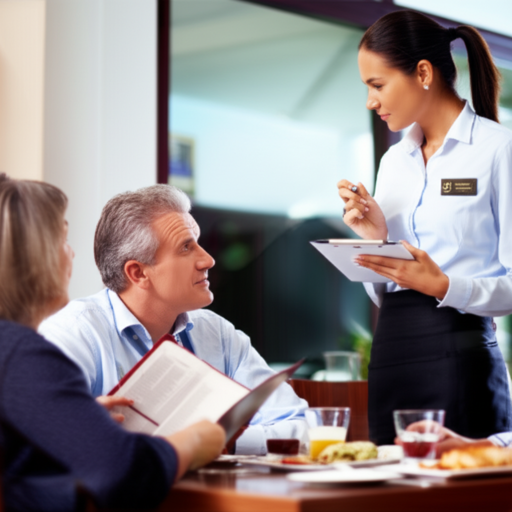 服务员正在记下顾客的点餐。