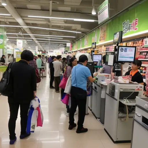 这位顾客在收银台前排队付款。