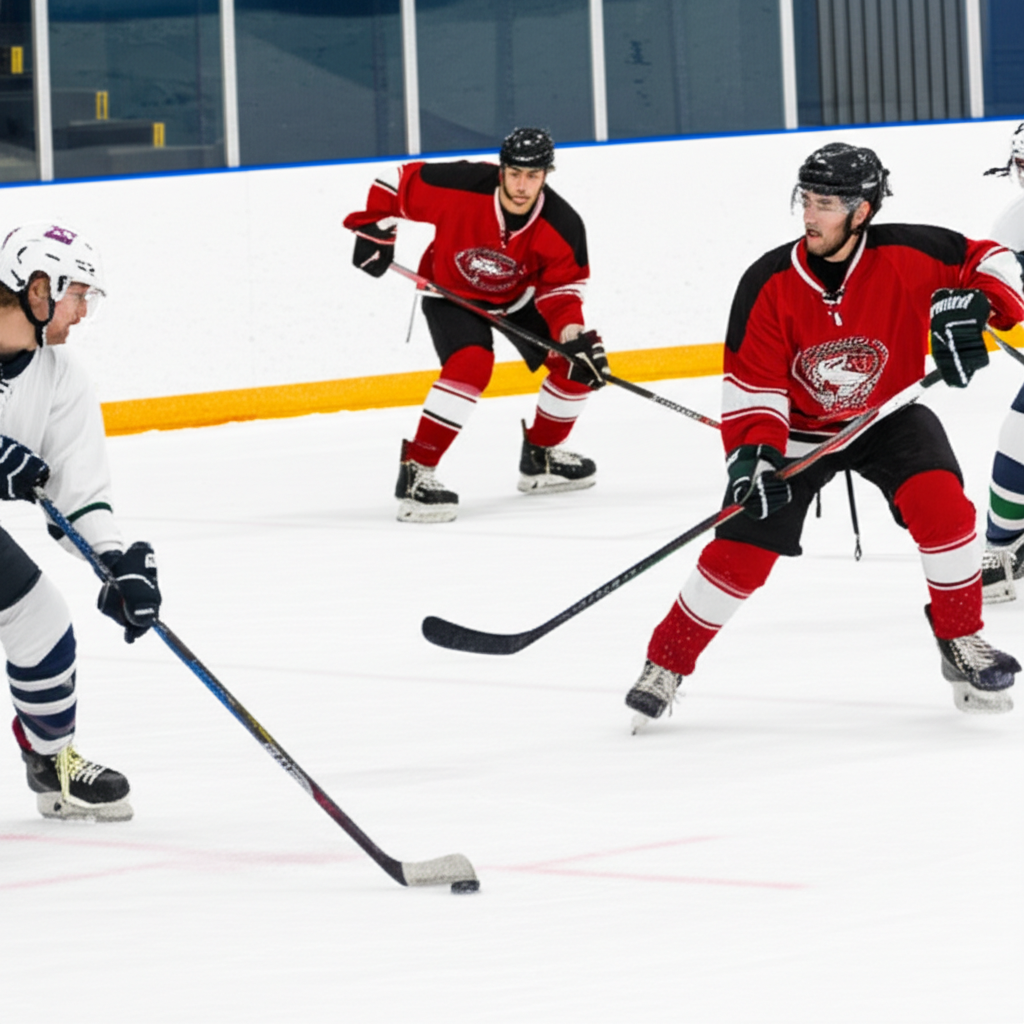 冰球运动员们正在激烈地比赛。