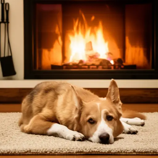 我的狗喜欢躺在壁炉前的地毯上。