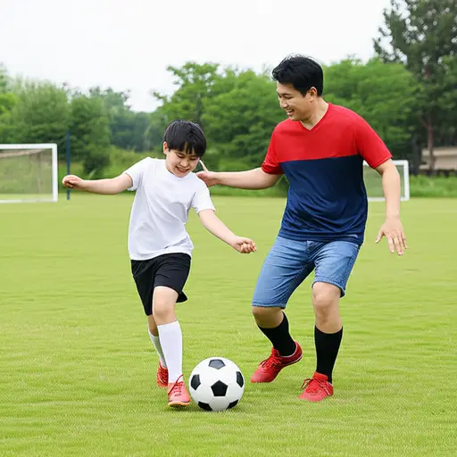 我和爸爸一起踢足球。