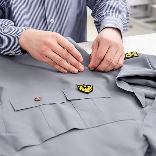 他把徽章整齐地缝在制服上。