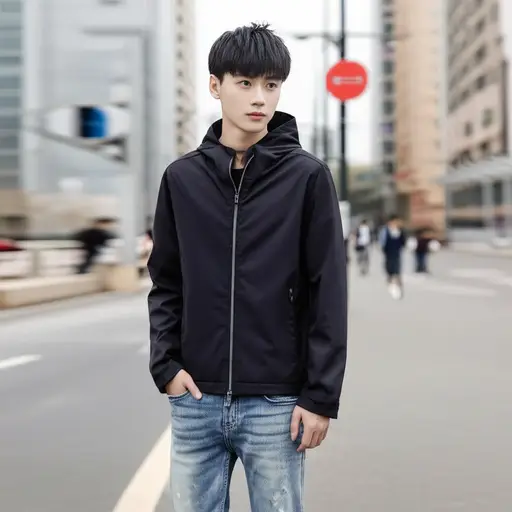 他穿了一件时髦的夹克，搭配着休闲牛仔裤。