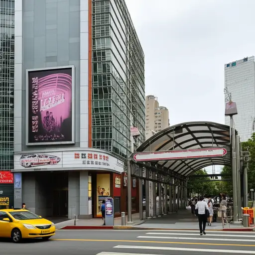 公共汽车站在电影院对面。