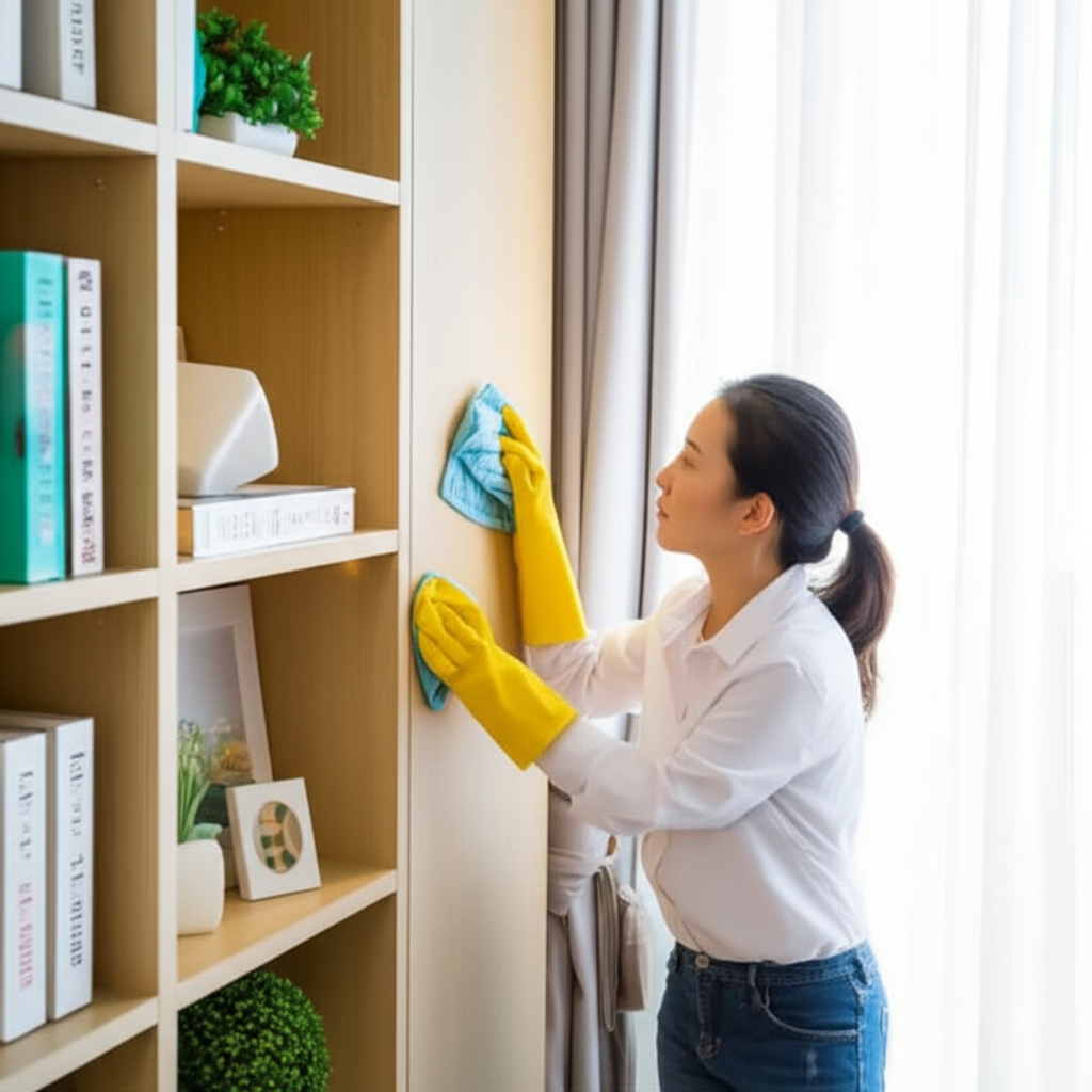 她正在客厅擦拭书架上的灰尘。