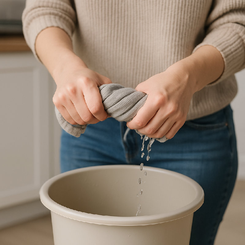 她把抹布拧干了。