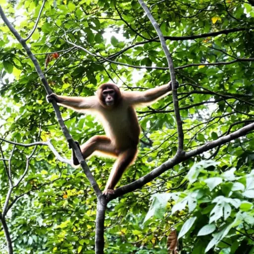 看！那只猴子在树上荡来荡去。