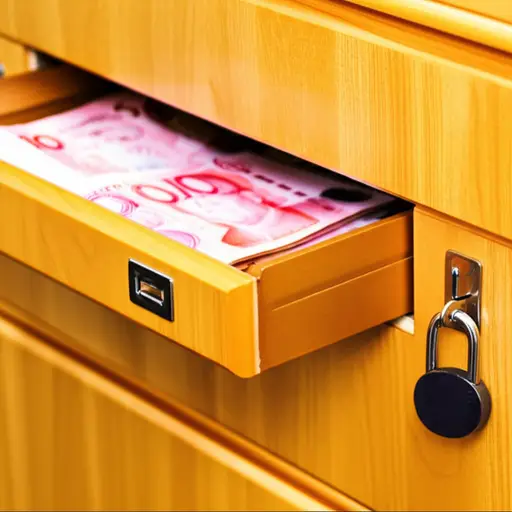 我把钱放在一个有锁的抽屉里。