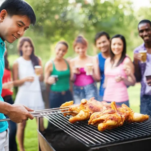 他为聚会烧烤了鸡肉。