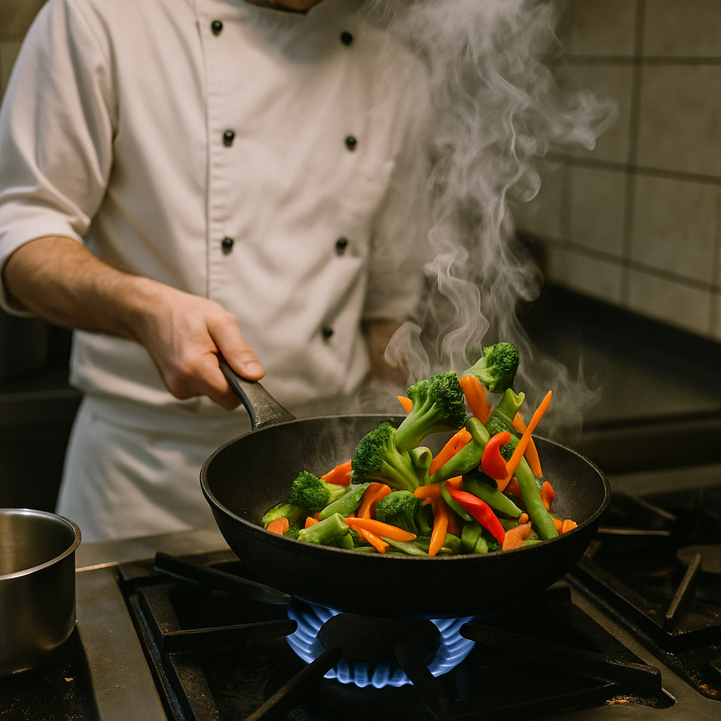 厨师在热锅里翻炒新鲜的蔬菜，散发出诱人的香味。