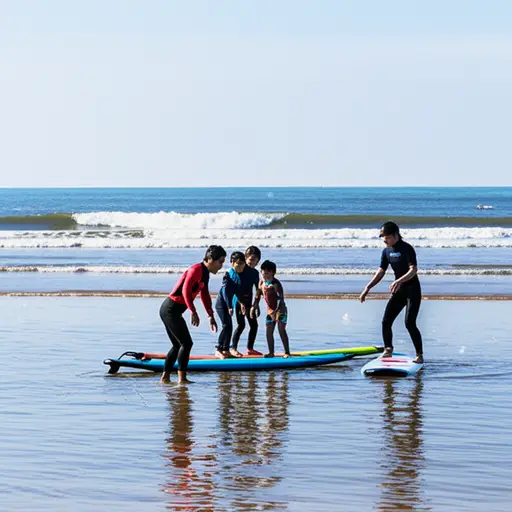 孩子们在海边学习冲浪。