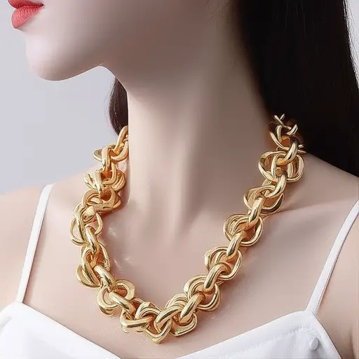 一条沉重的金项链挂在她的脖子上。