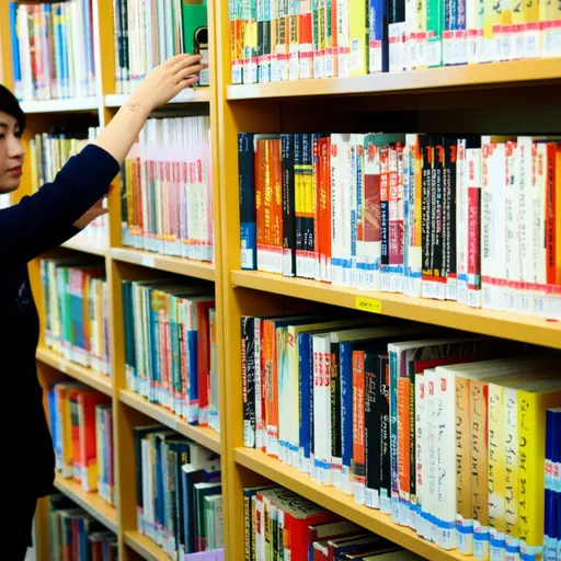 图书管理员把书排列在书架上。