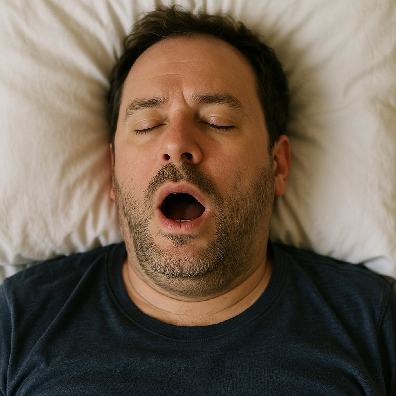 他睡得很沉，还不停打呼。