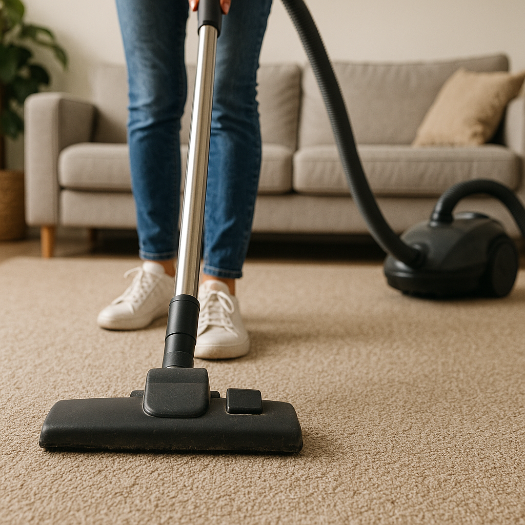 我们用吸尘器清理地毯上的灰尘和污垢。