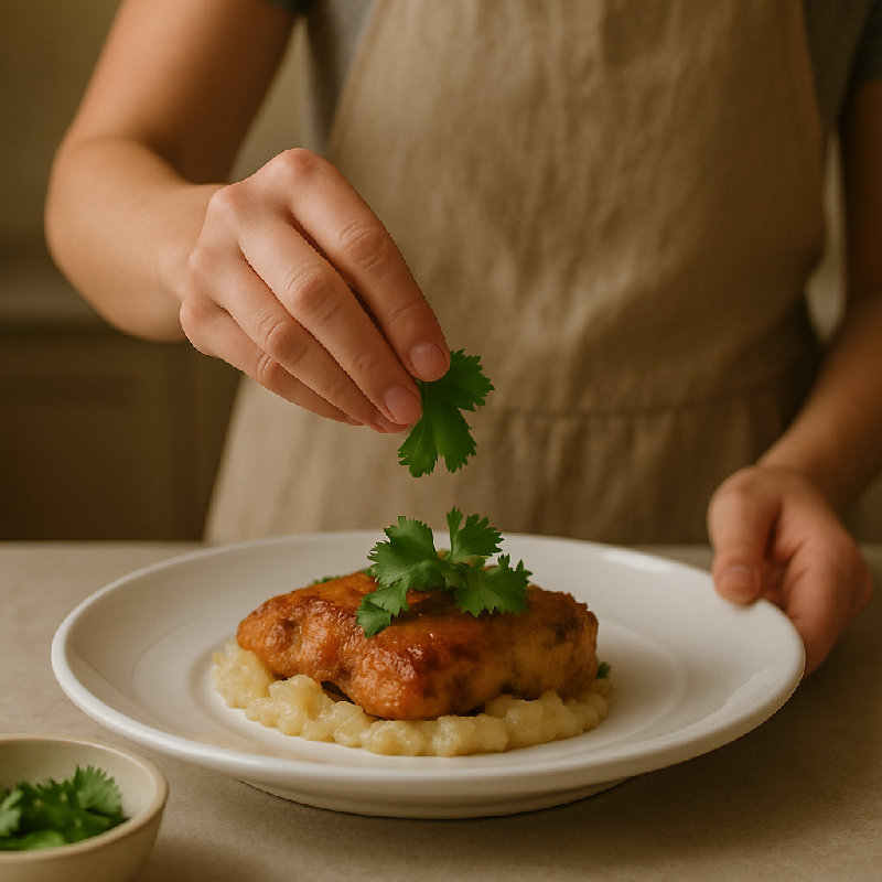 把食物装盘之后撒点香菜。
