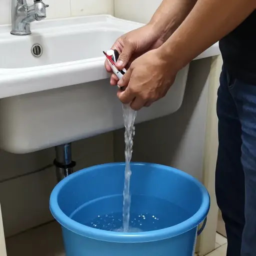 他打开水龙头装桶。