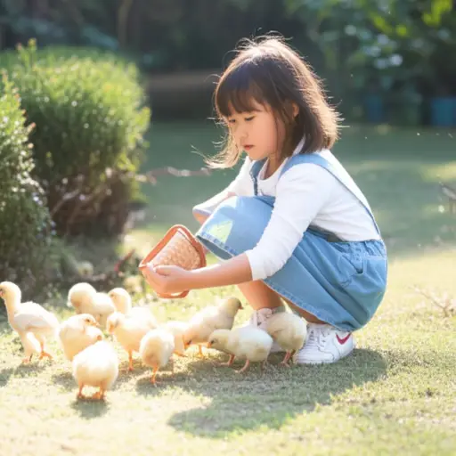 小女孩每天都会喂那些小鸡。