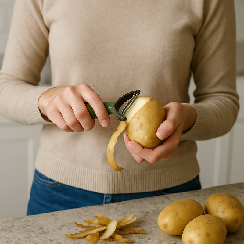 她用刮皮刀削土豆皮。