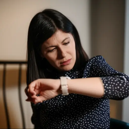 她指着她的手表示意时间已晚，她想离开。