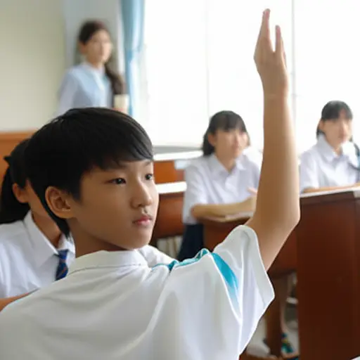 他举起手来问问题。