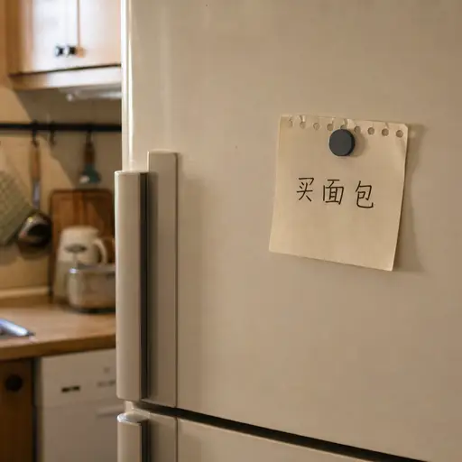 我妈妈在冰箱上贴了一张便条，提醒我买面包。