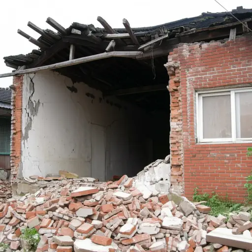 在地震中，墙壁开裂，屋顶坍塌。