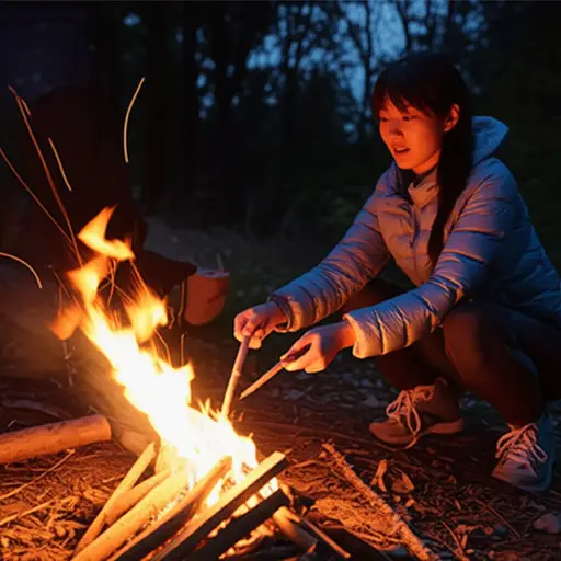 她用火柴点燃了营火。