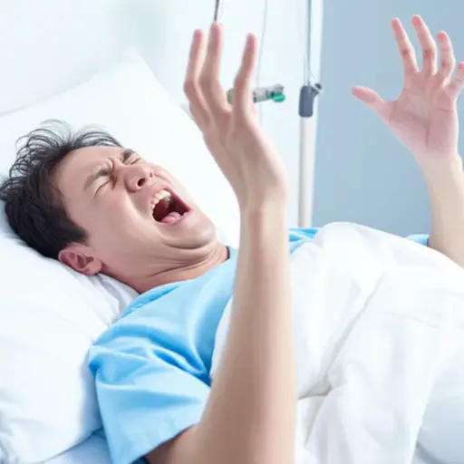 他因疼痛而尖叫，乞求麻醉剂。