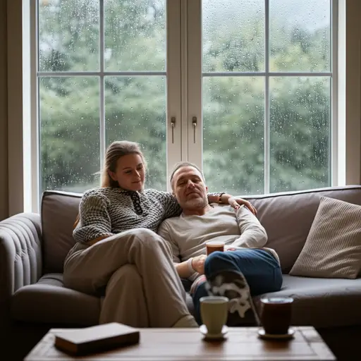 外面在下雨，所以我们待在家里吧。