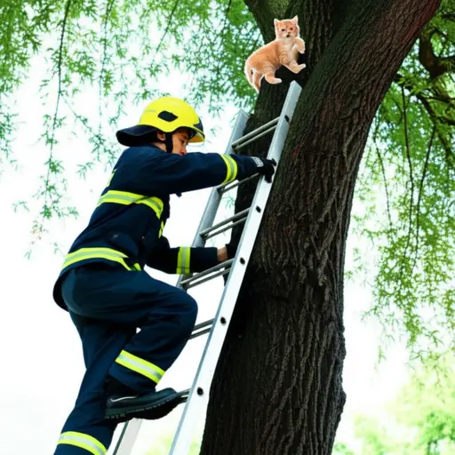 消防员迅速爬上梯子去救树上的小猫。