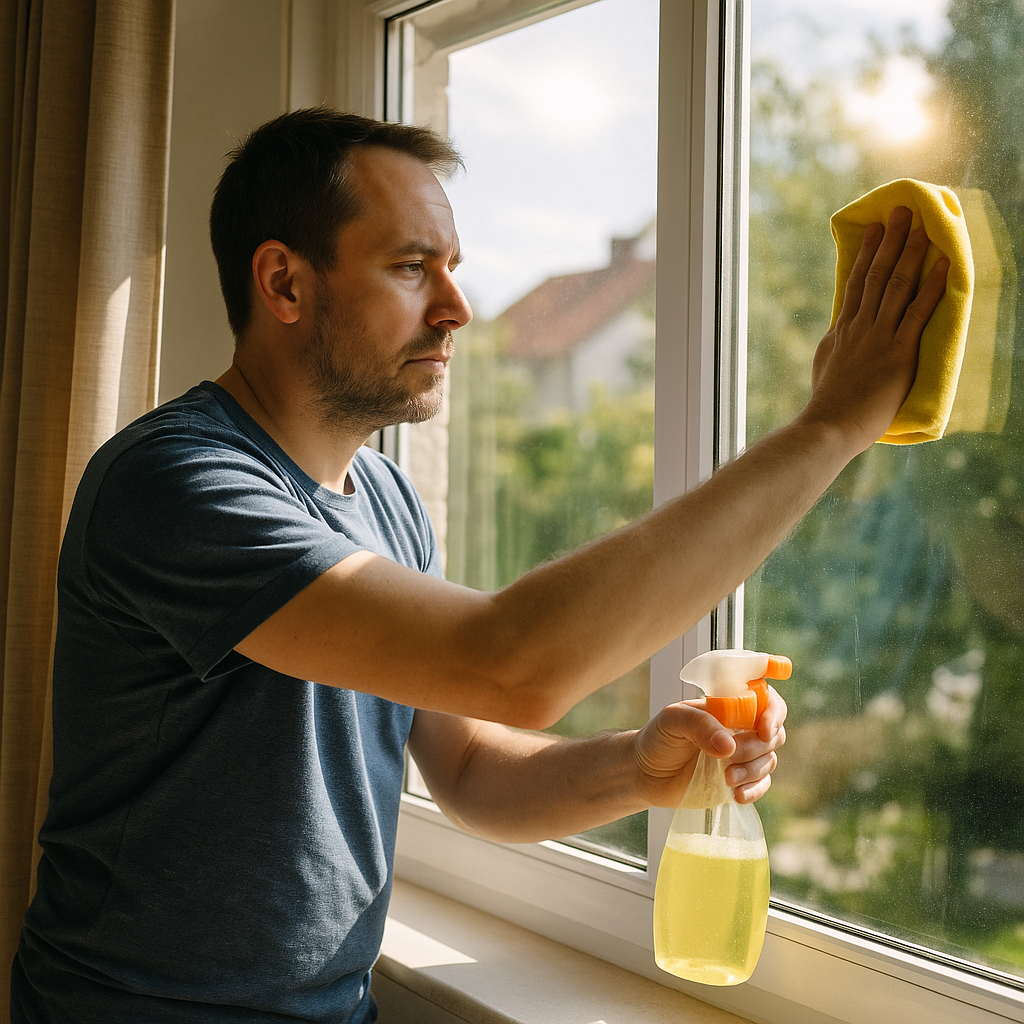 他擦窗户让更多阳光进来。