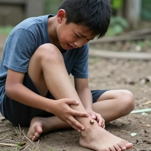 一颗子弹卡在了男孩的腿里。