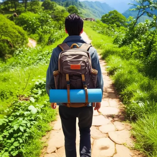 那位旅行者把他所有的行李都装在一个小背包里背在背上。