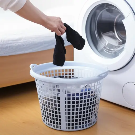 他把脏袜子扔进了洗衣篮。