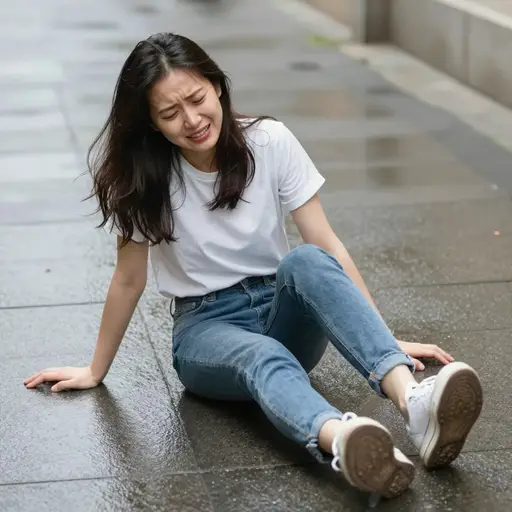 她滑倒了，摔在了她的臀部上。
