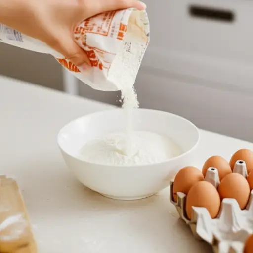 首先，把面粉倒进碗里。然后，加入鸡蛋。