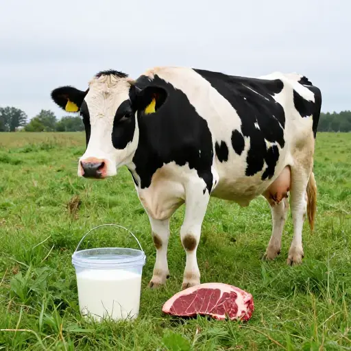 一头奶牛生产牛奶和肉类。
