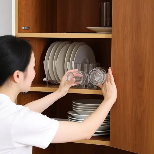 我妈妈把杯子放在那个柜子里。