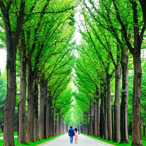 我们沿着一条两旁种着树的宽阔大道散步。