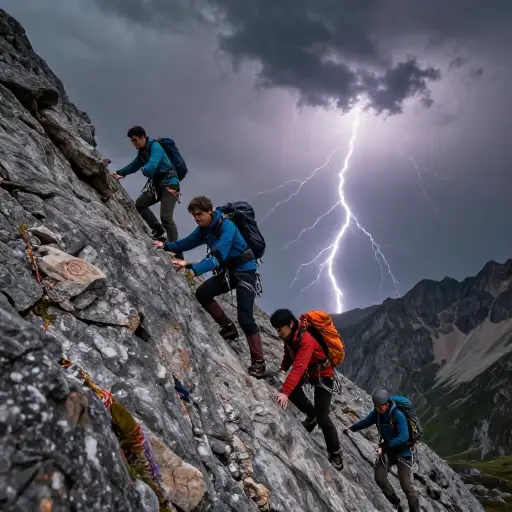 在暴风雨中，登山者处于极度的危险中。