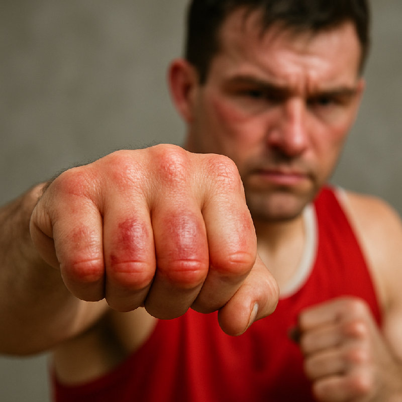 拳击手肿胀的指关节显示出比赛有多激烈。