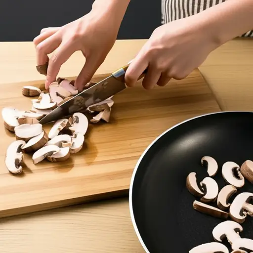 我把蘑菇切碎，放进了平底锅。