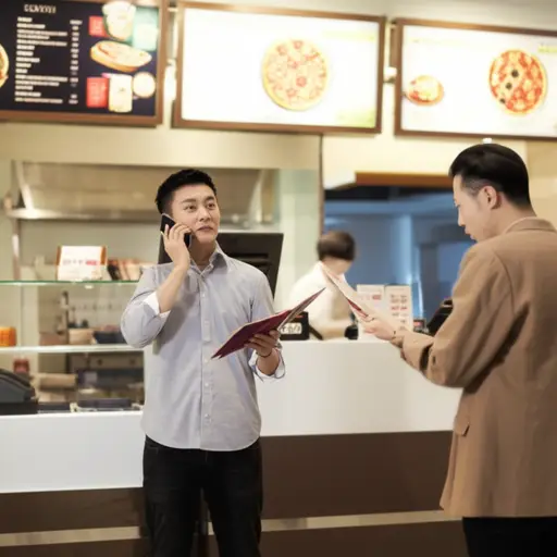 我在披萨店为家人点餐时正在打电话。
