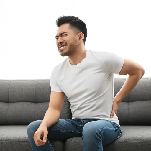 他感到背部和身体的肌肉非常酸痛。