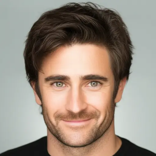 他有一头深棕色的短发，绿色的眼睛，和迷人的笑容。