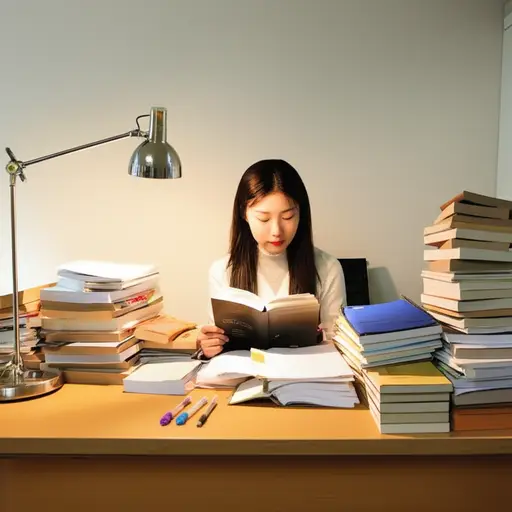 她坐在书桌前，被书籍和文件包围着。