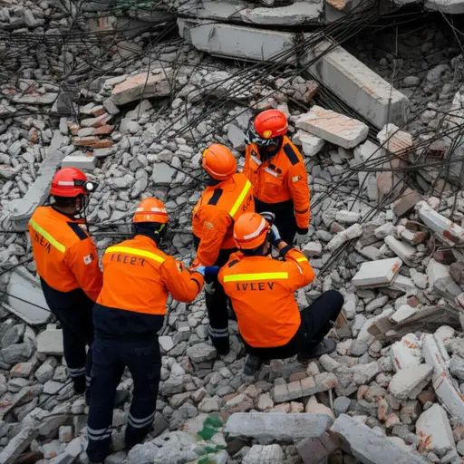 救援队在废墟中搜寻幸存者。