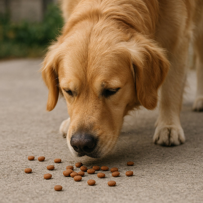 狗闻了闻地上的食物。